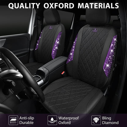 CAR PASS Oxford Bling Diamond Car Seat Covers 2 Front Interior Sets, Waterproof Shining Glitter Sparkly Crystal Universal Armrest Fit 95% Automotive Truck SUV Cute Women Girl, Black Red Rhinestone