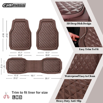 CAR PASS Heavy Duty Rubber Car Mats, Deep Dish All-Weather Floor Mat for Car Full Set Durable Anti-Slip 3D Rhombus Waterproof Trim to Fit Liner Universal Fit Automotive,Sedan,SUV,Truck, 3 Piece Black