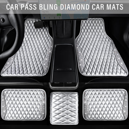 CAR PASS Bling Leather Car Mats Shining Diamond Floor Mats Sparkly Glitter Crystal Rhinestones Carpet Anti-Slip Waterproof Pad Universal Fit for Automotive SUV, Sedan, Van, 5pcs for Girl Women Black