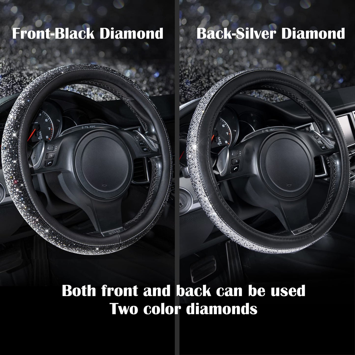 CAR PASS Bling Diamond Leather Steering Wheel Cover, With Sparkly Crystal Glitter Rhinestones Universal Fit 14"1/2-15" Car Wheel Protector for Women Girl Fit Suvs,Vans,Sedans,Car,Trucks, Black Diamond