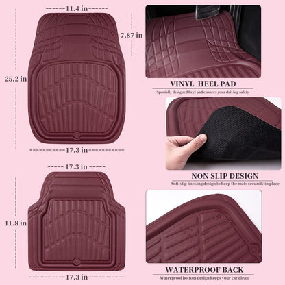 CAR PASS 4 Piece Leather Car Floor Mats -3D Cute Girly Waterproof All Weather Car Mat Full Set, Universal Trim to Fit &amp; Anti-Slip Burr Bottom &amp; Light Easy Clean for SUV Truck Auto Sedan Van(Pink)