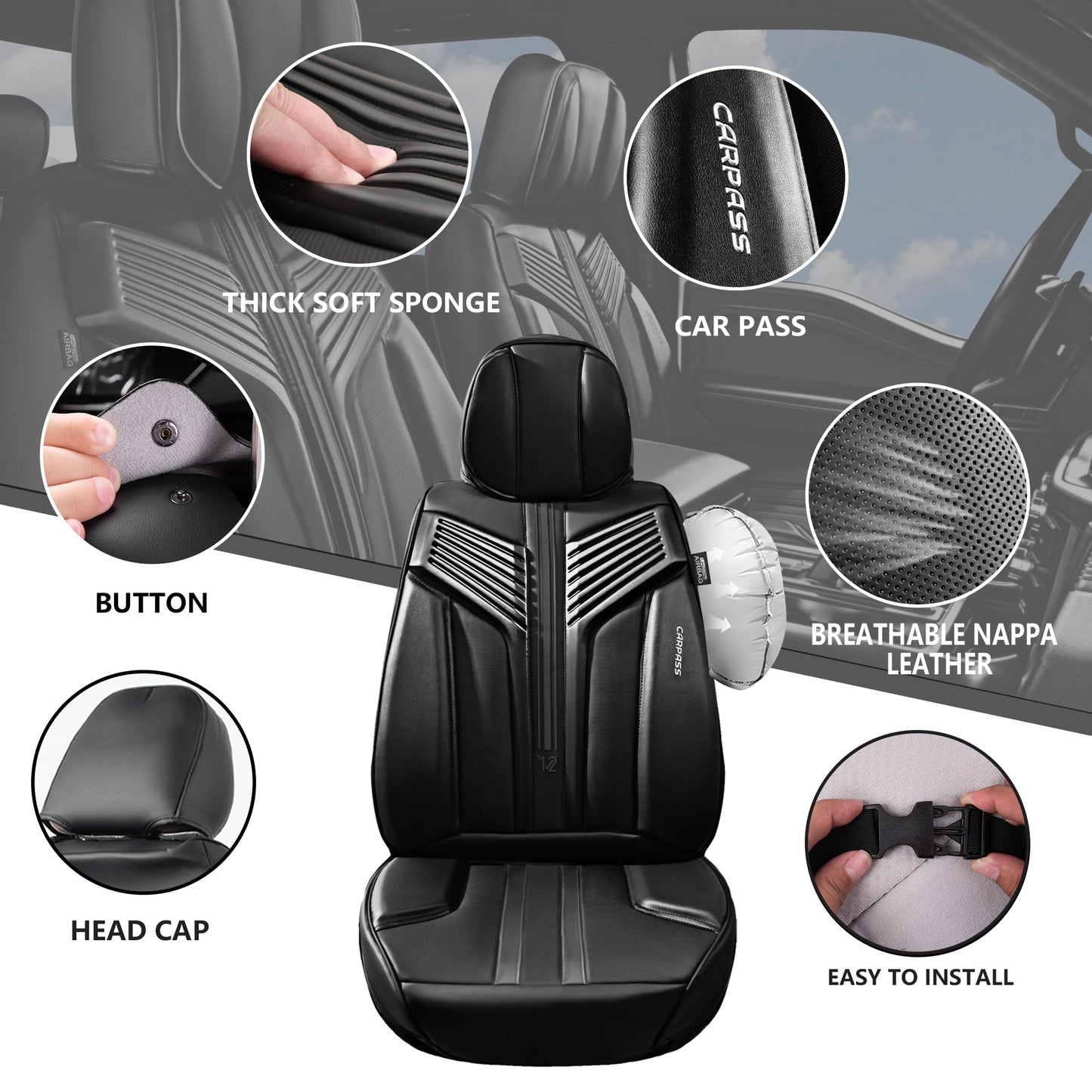 CAR PASS Nappa Leather Seat Covers, Breathable Waterproof Car Seat Covers Full Set, Luxury 3D Sponge Support Full Coverage Seat Protector, Universal Fit SUV Pick-up Truck Sedan Automotive(All Black)