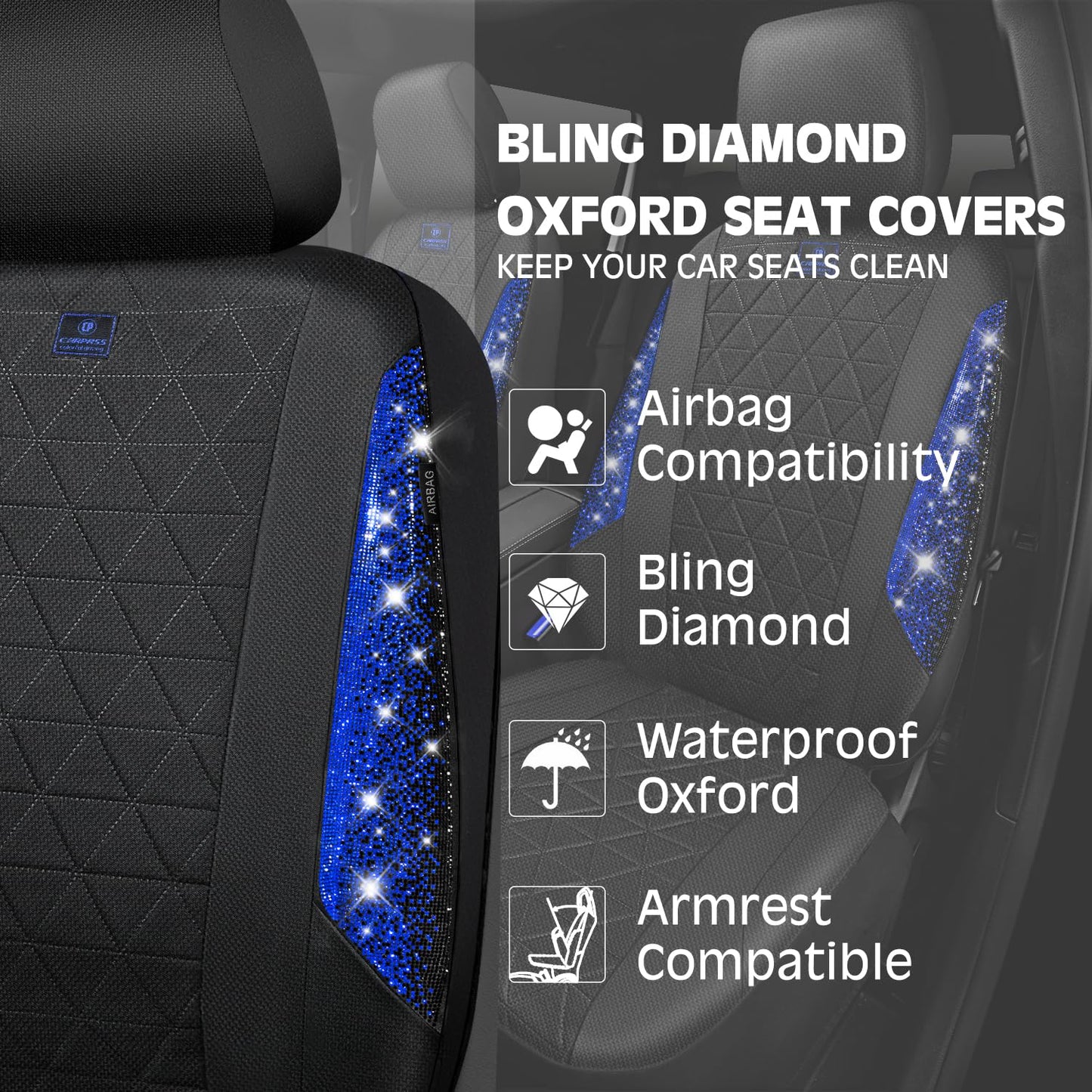 CAR PASS Oxford Bling Diamond Car Seat Covers 2 Front Interior Sets, Waterproof Shining Glitter Sparkly Crystal Universal Armrest Fit 95% Automotive Truck SUV Cute Women Girl, Black Red Rhinestone