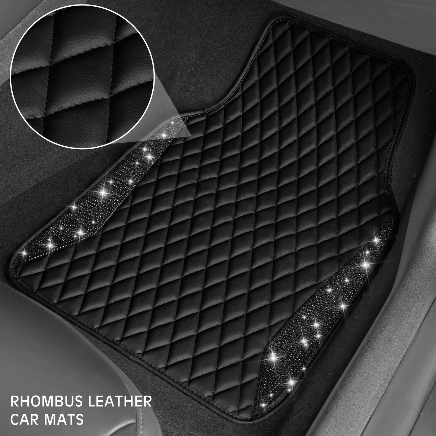 CAR PASS Bling Leather Car Mats Shining Diamond Floor Mats Sparkly Glitter Crystal Rhinestones Carpet Anti-Slip Waterproof Pad Universal Fit for Automotive SUV, Sedan, Van, 5pcs for Girl Women Black