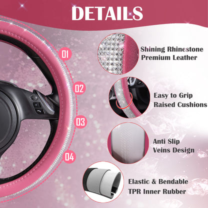 CAR PASS Bling Diamond Leather Steering Wheel Cover, With Sparkly Crystal Glitter Rhinestones Universal Fit 14"1/2-15" Car Wheel Protector for Women Girl Fit Suvs,Vans,Sedans,Car,Trucks, Black Diamond