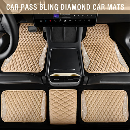 CAR PASS Bling Leather Car Mats Shining Diamond Floor Mats Sparkly Glitter Crystal Rhinestones Carpet Anti-Slip Waterproof Pad Universal Fit for Automotive SUV, Sedan, Van, 5pcs for Girl Women Black