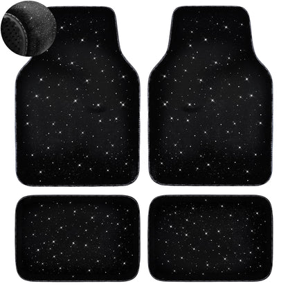 CAR PASS Bling Diamond Car Floor Mats, Shining Rhinestone Carpet Sparkly Glitter Crystal with Anti-Slip PVC Heel Pad Waterproof Universal Fit Automotive SUV,Sedan,Van,Cute Girl Women,4pcs Black Sliver