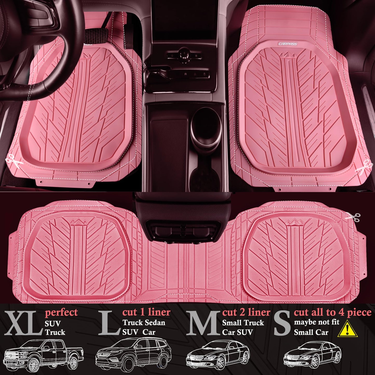 CAR PASS DeepDish Floor Mats for Cars, Heavy Duty Rubber Car Mats 3-Piece, Universal M~XL Size Trim-to Fit Automotive Floor Mats for Truck Van SUV Durable Waterproof All Weather Car Mats (Solid Black)