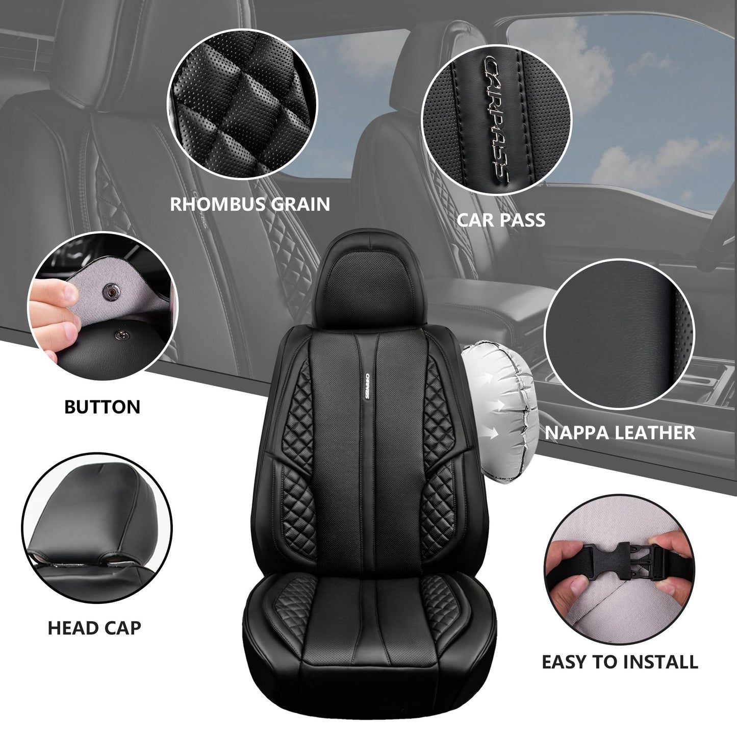 CAR PASS Nappa PU Leather Car Seat Covers Full Set Waterproof Protector Durable Cushioned,Universal Fit for Sedan SUV Pick-up Truck,Automotive, Anti-Slip and Backseat Luxury Premium Deluxe(Black)