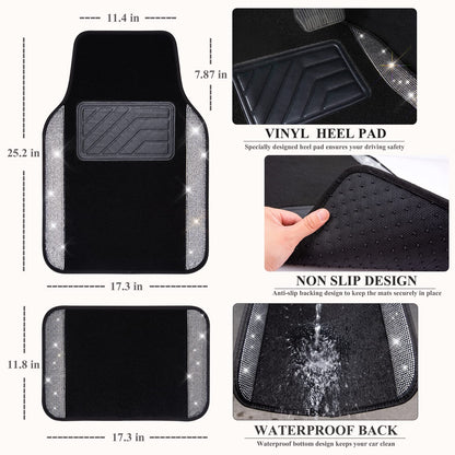 CAR PASS Bling Diamond Car Floor Mats, Shining Rhinestone Carpet Sparkly Glitter Crystal with Anti-Slip PVC Heel Pad Waterproof Universal Fit Automotive SUV,Sedan,Van,Cute Girl Women,4pcs Black Sliver