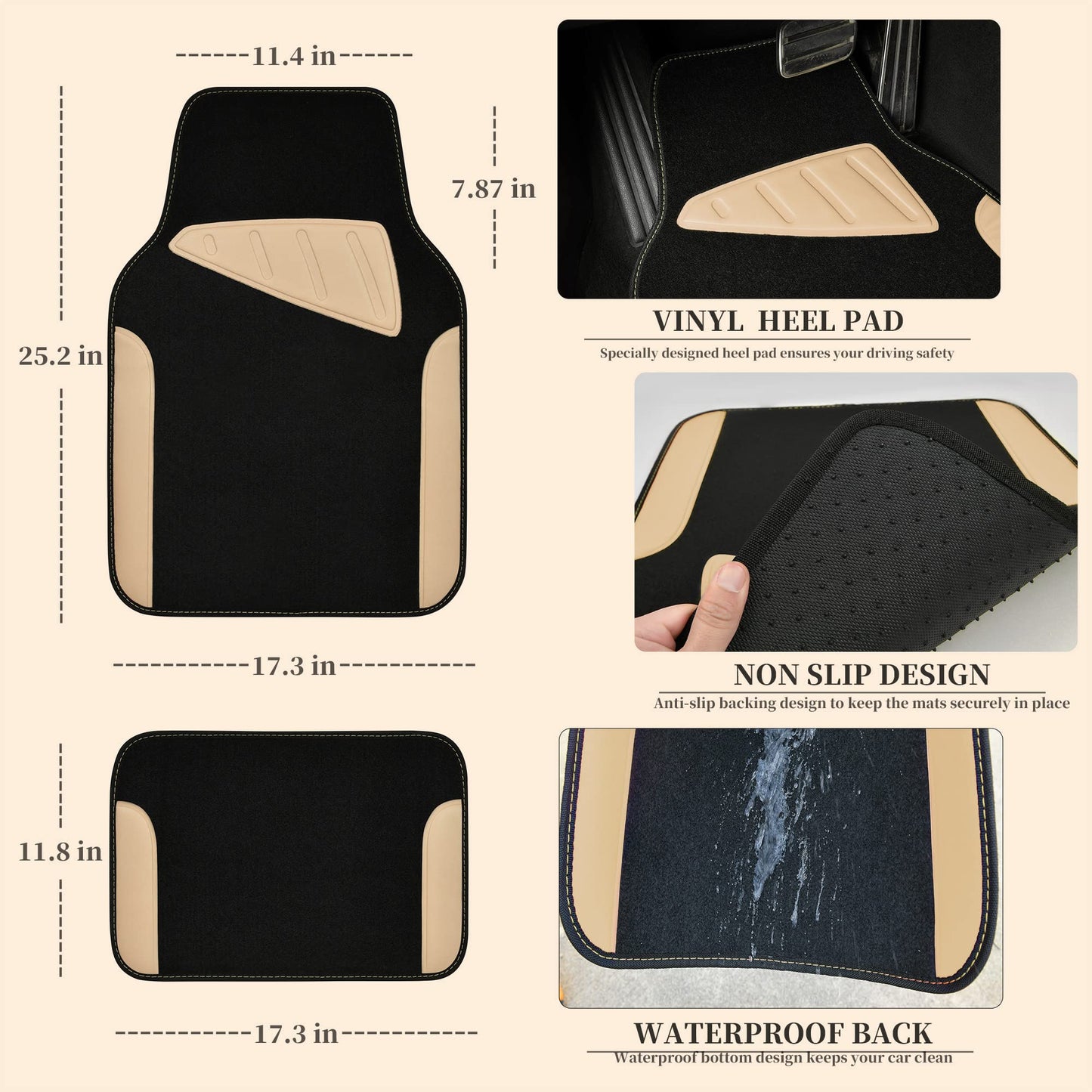 CAR-PASS Waterproof Universal Fit Car Floor Mats, Car Mats Fit for SUV,Vans,sedans, Trucks,Set of 4pcs Car Carpet with Driver Heel Pad (Beige)