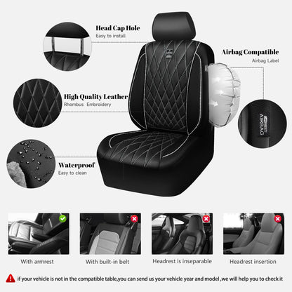 CAR PASS Piping Luxury Faux PU Leather Two Front Car Seat Covers, Waterproof Anti Slip Seat Covers Compatible with Front Seat Armrests,Universal Fit for Suvs,Vans,Trucks, Airbag Compatible(All Black)