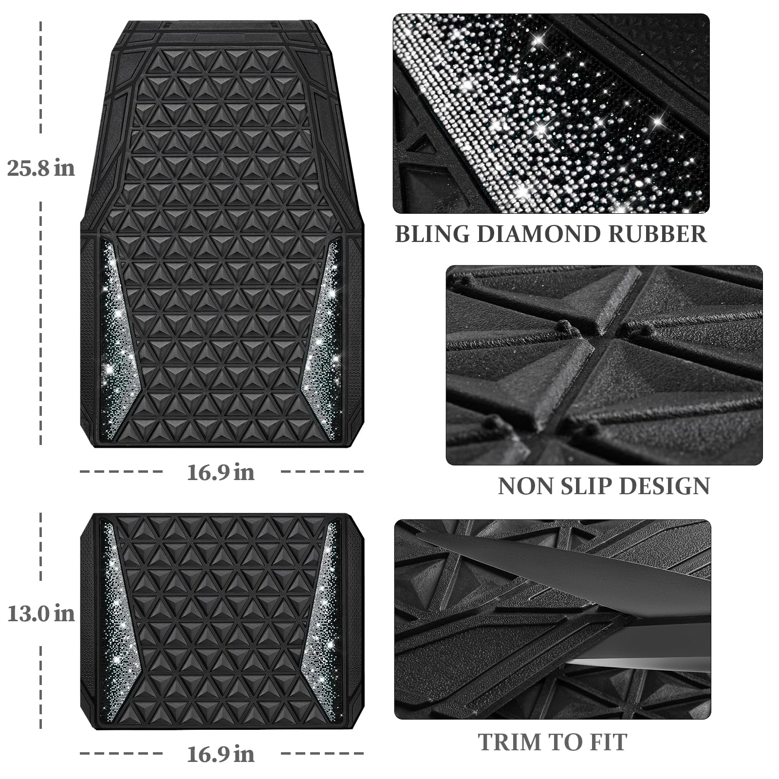 CAR PASS Bling Car Mats Diamond Rubber Floor Mats Full Set Anti-Slip 3D Rhombus Waterproof Trim to Fit Liner Universal Glitter Crystal Sparkly Shining Rhinestone Girl Women SUV Sedan Van, Black Silver