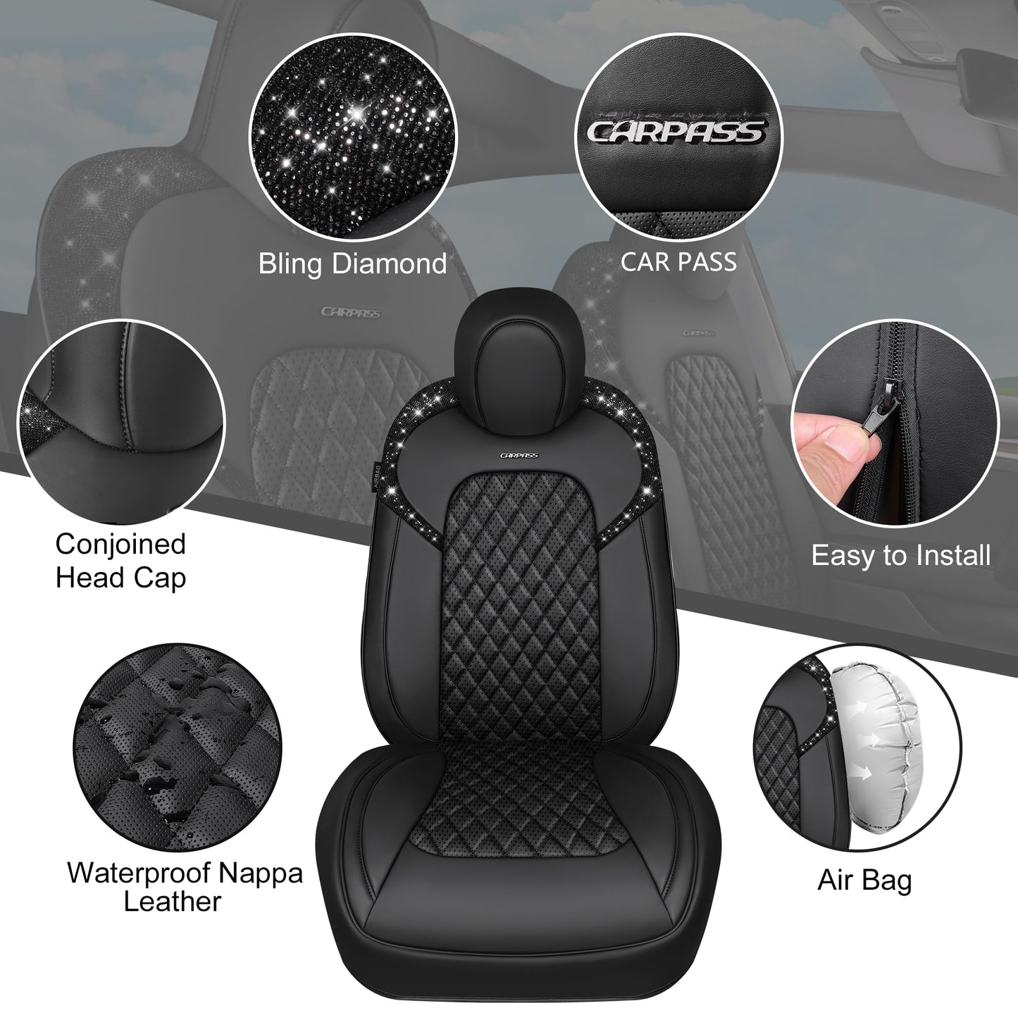 CAR Pass Bling Car Seat Covers, Microfiber Nappa Leather Luxury Cushioned, Waterproof Heavy-Duty Anti-Slip Universal Fit for Auto SUV Sedan,Sparkly Glitter Shining Rhinestone Full Set, Black Diamond