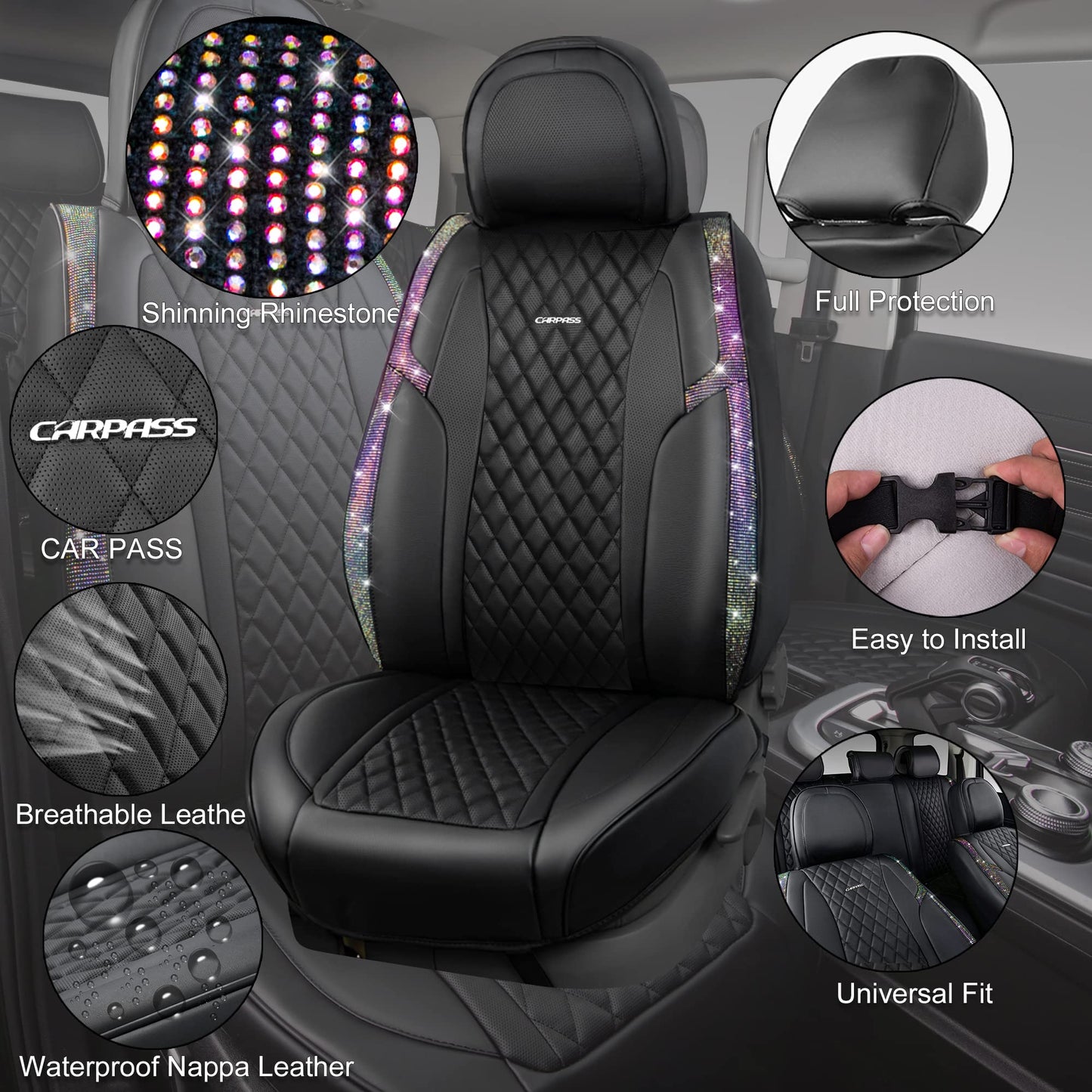 CAR Pass Bling Car Seat Covers, Microfiber Nappa Leather Luxury Cushioned, Waterproof Heavy-Duty Anti-Slip Universal Fit for Auto SUV Sedan,Sparkly Glitter Shining Rhinestone Full Set, Black Diamond