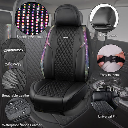 CAR Pass Bling Car Seat Covers, Microfiber Nappa Leather Luxury Cushioned, Waterproof Heavy-Duty Anti-Slip Universal Fit for Auto SUV Sedan,Sparkly Glitter Shining Rhinestone Full Set, Black Diamond