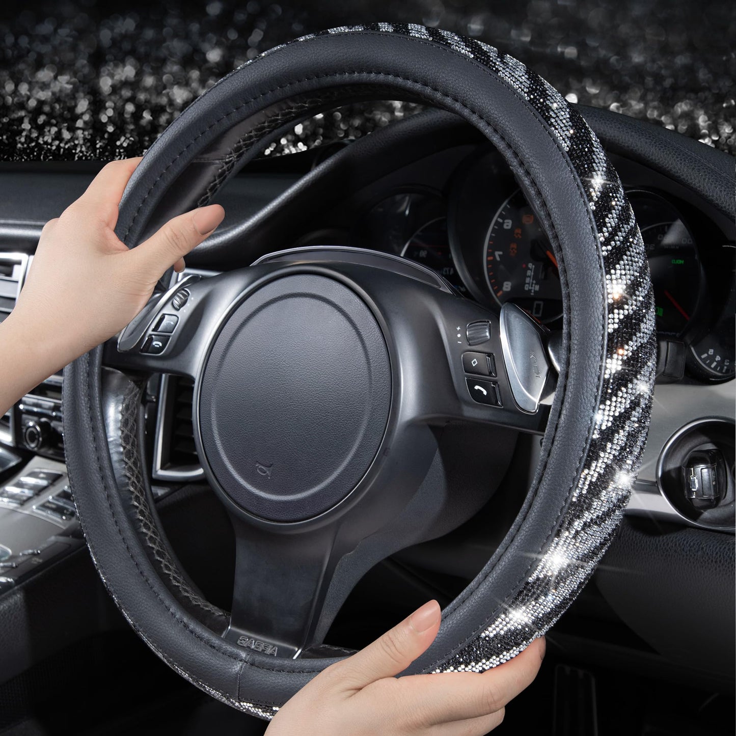 CAR PASS Bling Diamond Leather Steering Wheel Cover, With Sparkly Crystal Glitter Rhinestones Universal Fit 14"1/2-15" Car Wheel Protector for Women Girl Fit Suvs,Vans,Sedans,Car,Trucks, Black Diamond