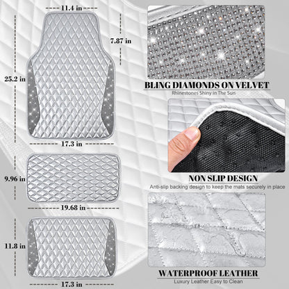 CAR PASS Bling Leather Car Mats Shining Diamond Floor Mats Sparkly Glitter Crystal Rhinestones Carpet Anti-Slip Waterproof Pad Universal Fit for Automotive SUV, Sedan, Van, 5pcs for Girl Women Black