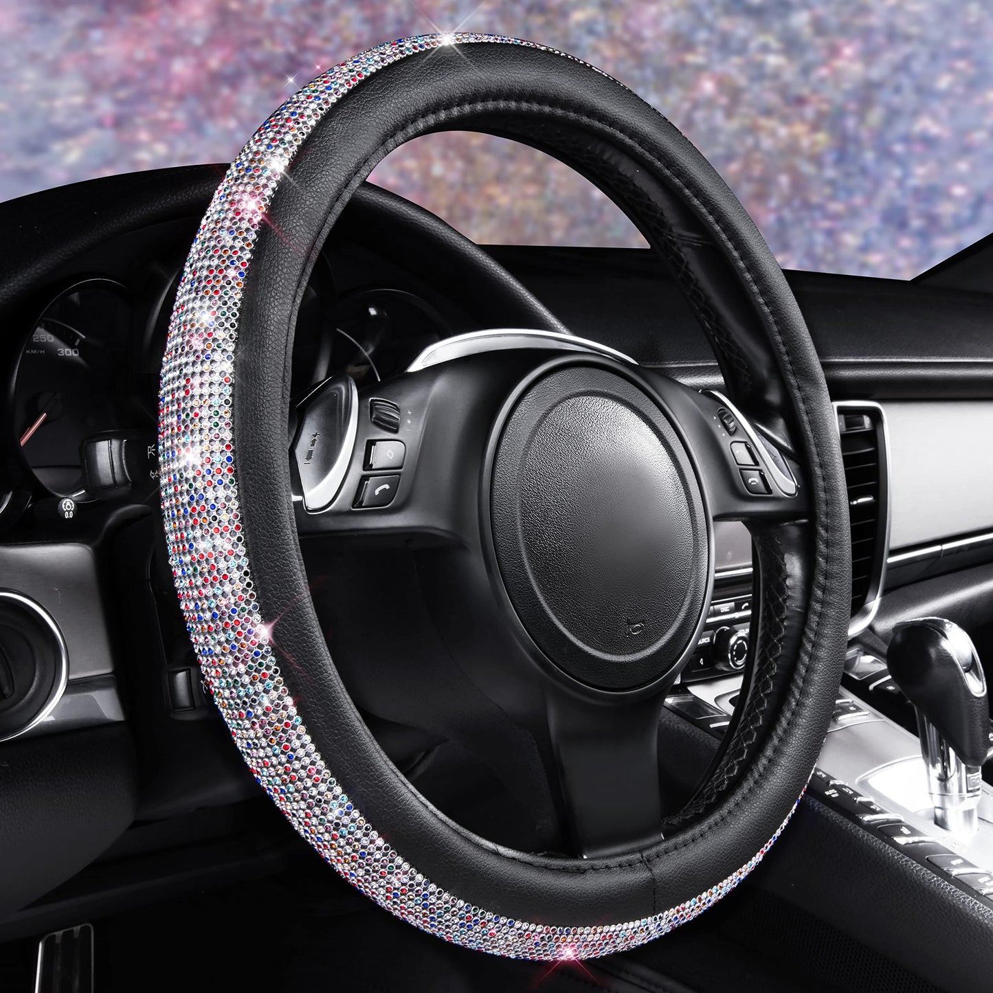 CAR PASS Bling Diamond Leather Steering Wheel Cover, With Sparkly Crystal Glitter Rhinestones Universal Fit 14"1/2-15" Car Wheel Protector for Women Girl Fit Suvs,Vans,Sedans,Car,Trucks, Black Diamond