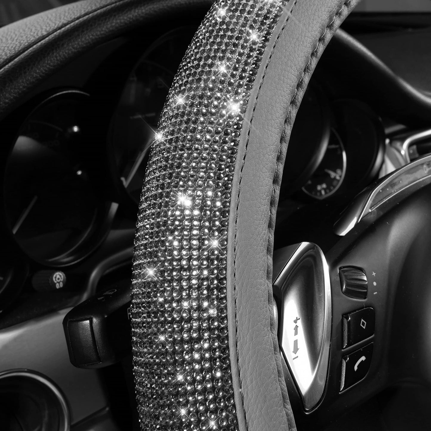 CAR PASS Bling Diamond Leather Steering Wheel Cover, With Sparkly Crystal Glitter Rhinestones Universal Fit 14"1/2-15" Car Wheel Protector for Women Girl Fit Suvs,Vans,Sedans,Car,Trucks, Black Diamond