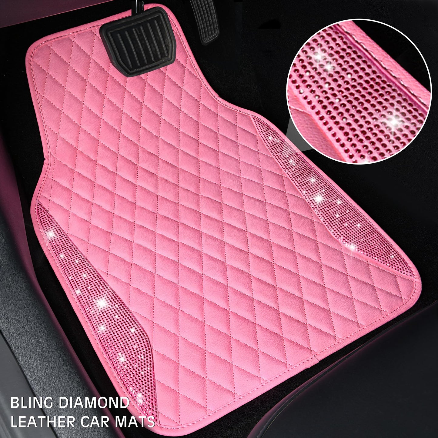 CAR PASS Bling Leather Car Mats Shining Diamond Floor Mats Sparkly Glitter Crystal Rhinestones Carpet Anti-Slip Waterproof Pad Universal Fit for Automotive SUV, Sedan, Van, 5pcs for Girl Women Black