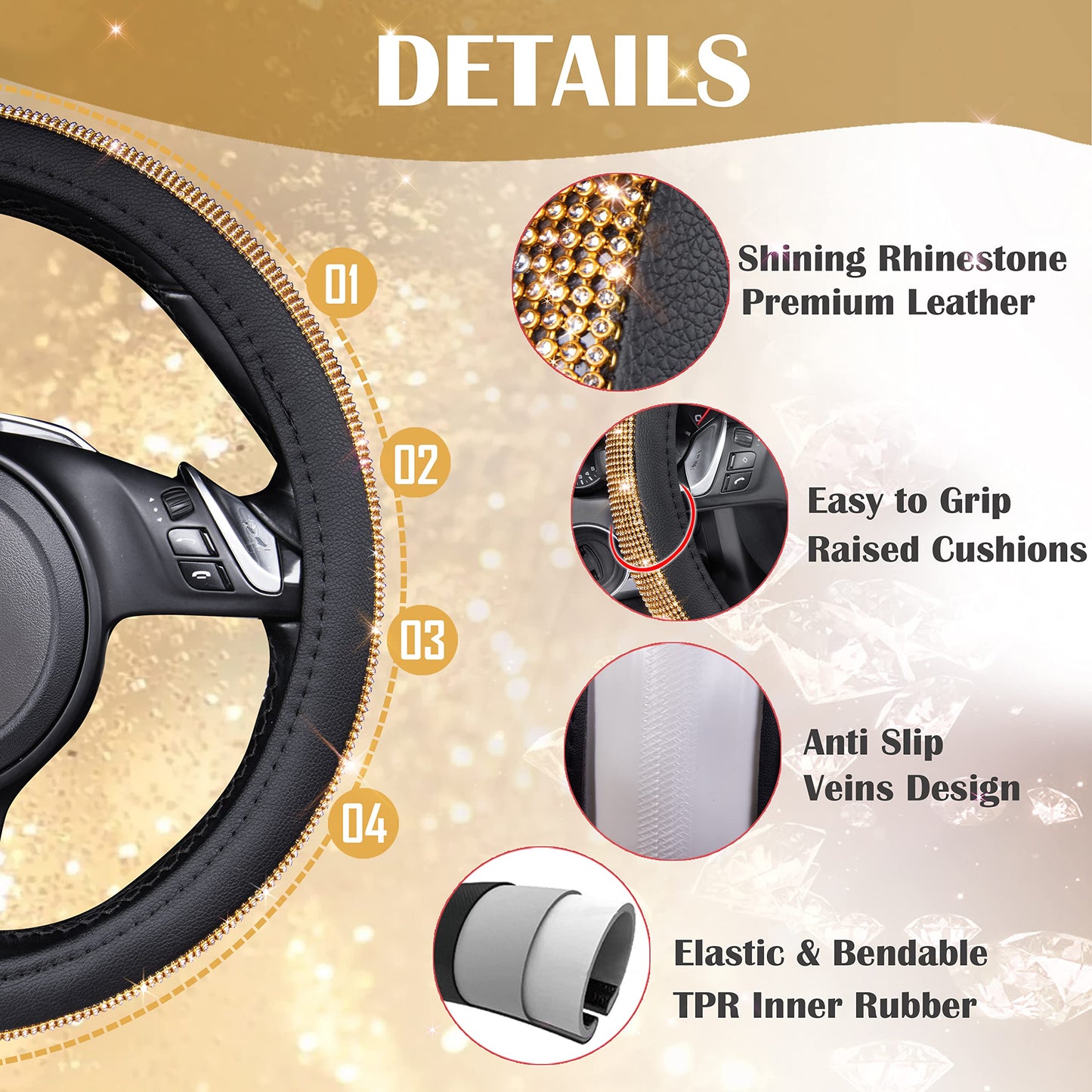 CAR PASS Bling Diamond Leather Steering Wheel Cover, With Sparkly Crystal Glitter Rhinestones Universal Fit 14"1/2-15" Car Wheel Protector for Women Girl Fit Suvs,Vans,Sedans,Car,Trucks, Black Diamond