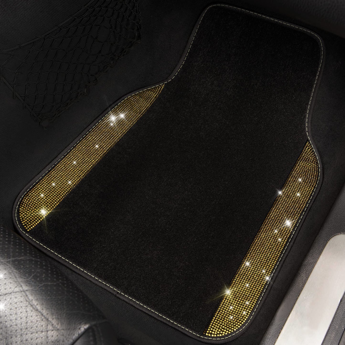 CAR PASS Bling Diamond Car Floor Mats, Shining Rhinestone Carpet Sparkly Glitter Crystal with Anti-Slip PVC Heel Pad Waterproof Universal Fit Automotive SUV,Sedan,Van,Cute Girl Women,4pcs Black Sliver