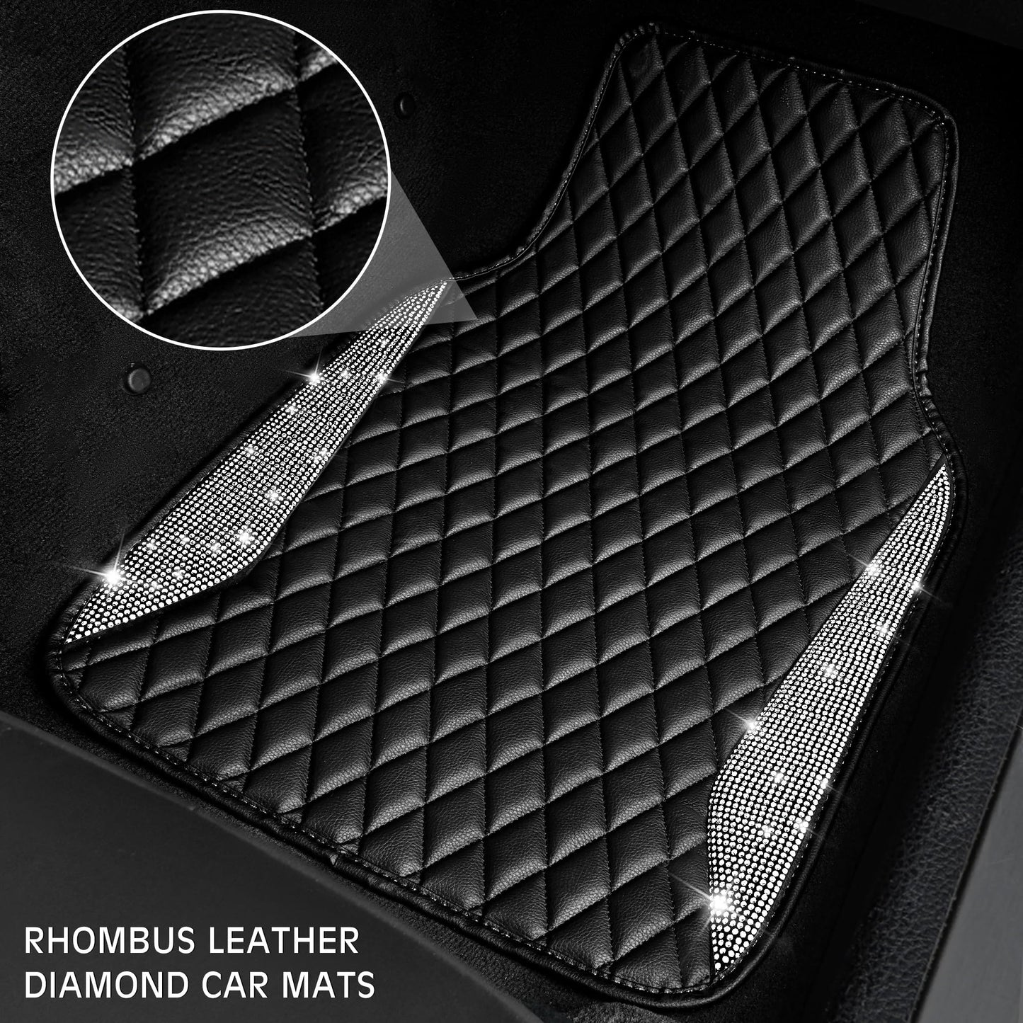 CAR PASS Bling Leather Car Mats Shining Diamond Floor Mats Sparkly Glitter Crystal Rhinestones Carpet Anti-Slip Waterproof Pad Universal Fit for Automotive SUV, Sedan, Van, 5pcs for Girl Women Black