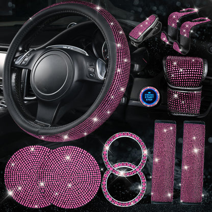 CAR PASS 7 PCS Bling Car Accessories for Women, Sparkly Rhinestone Diamond Steering Wheel Cover, Bling Seat Belt Cushion, Glitter Shift Knob Cover, Car Cup Holder Coaster, Cute Interior Sets Silver