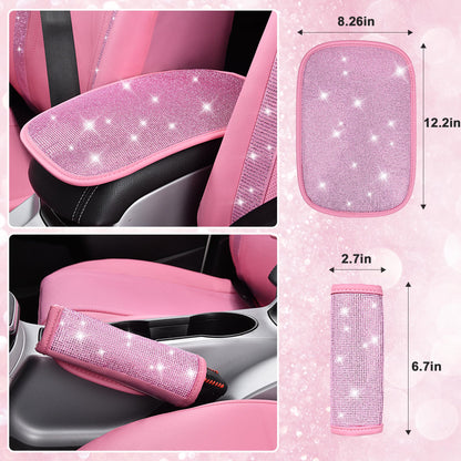 CAR PASS 7 PCS Bling Car Accessories for Women, Sparkly Rhinestone Diamond Steering Wheel Cover, Bling Seat Belt Cushion, Glitter Shift Knob Cover, Car Cup Holder Coaster, Cute Interior Sets Silver