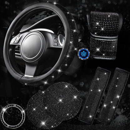 CAR PASS 7 PCS Bling Car Accessories for Women, Sparkly Rhinestone Diamond Steering Wheel Cover, Bling Seat Belt Cushion, Glitter Shift Knob Cover, Car Cup Holder Coaster, Cute Interior Sets Silver