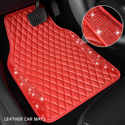 CAR PASS Bling Leather Car Mats Shining Diamond Floor Mats Sparkly Glitter Crystal Rhinestones Carpet Anti-Slip Waterproof Pad Universal Fit for Automotive SUV, Sedan, Van, 5pcs for Girl Women Black