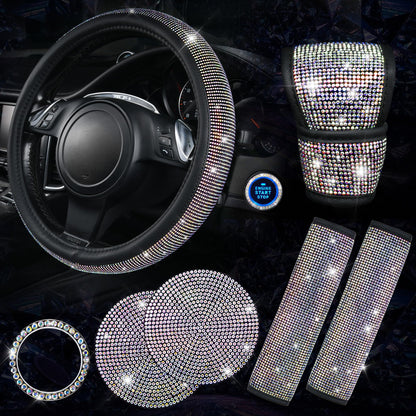 CAR PASS 7 PCS Bling Car Accessories for Women, Sparkly Rhinestone Diamond Steering Wheel Cover, Bling Seat Belt Cushion, Glitter Shift Knob Cover, Car Cup Holder Coaster, Cute Interior Sets Silver