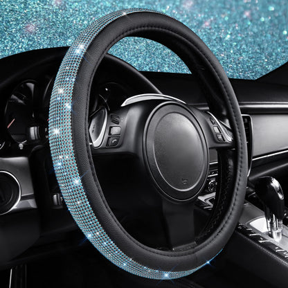 CAR PASS Bling Diamond Leather Steering Wheel Cover, With Sparkly Crystal Glitter Rhinestones Universal Fit 14"1/2-15" Car Wheel Protector for Women Girl Fit Suvs,Vans,Sedans,Car,Trucks, Black Diamond