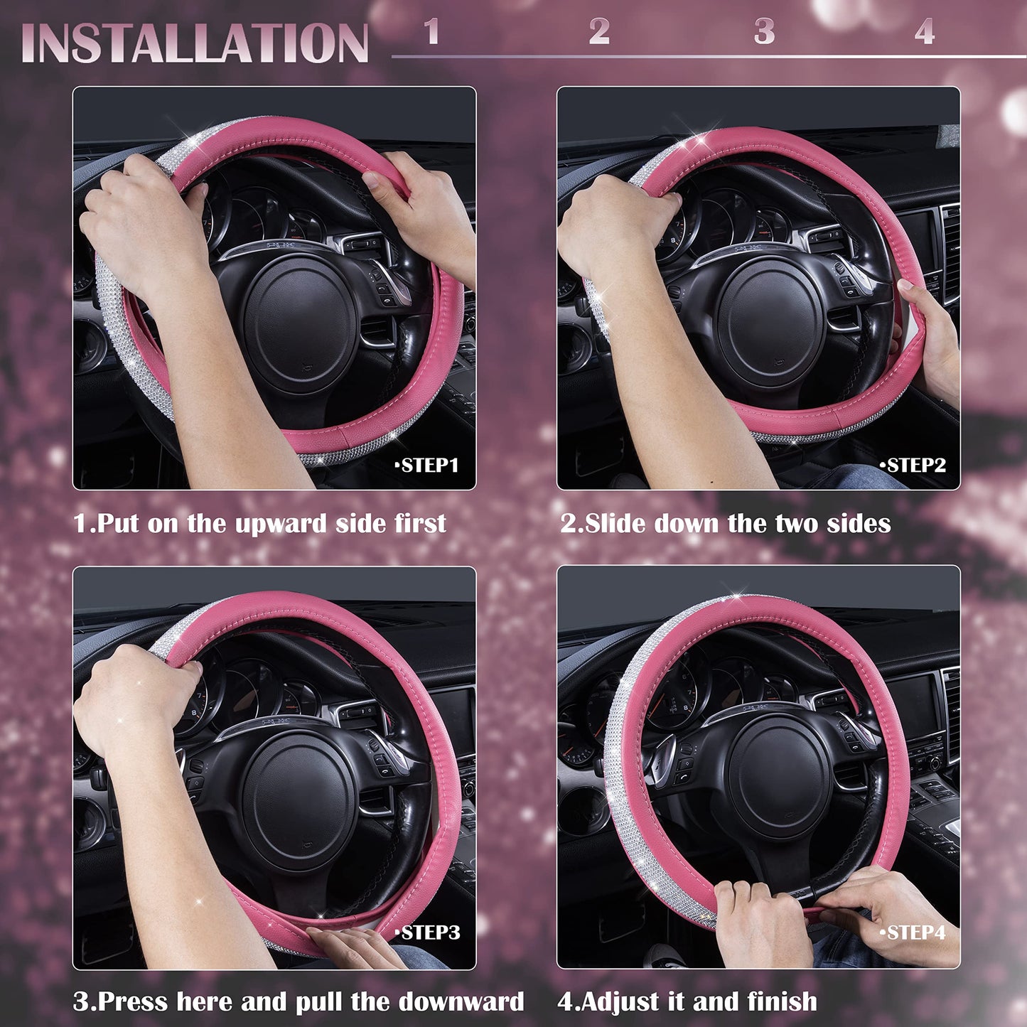 CAR PASS Bling Diamond Leather Steering Wheel Cover, With Sparkly Crystal Glitter Rhinestones Universal Fit 14"1/2-15" Car Wheel Protector for Women Girl Fit Suvs,Vans,Sedans,Car,Trucks, Black Diamond