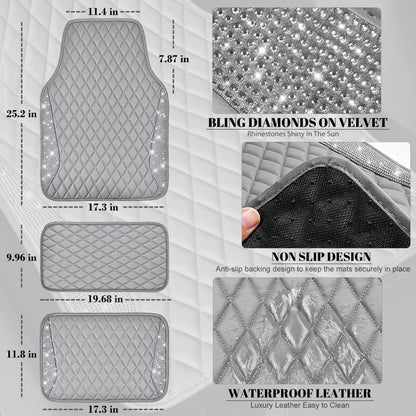 CAR PASS Bling Leather Car Mats Shining Diamond Floor Mats Sparkly Glitter Crystal Rhinestones Carpet Anti-Slip Waterproof Pad Universal Fit for Automotive SUV, Sedan, Van, 5pcs for Girl Women Black