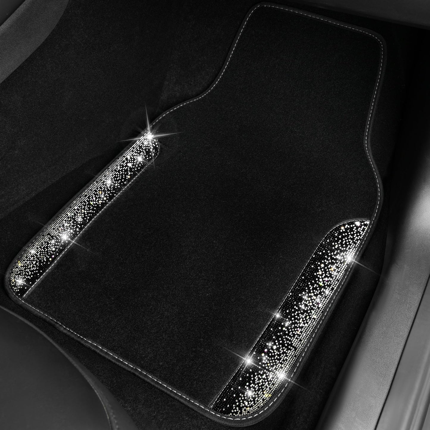 CAR PASS Bling Diamond Car Floor Mats, Shining Rhinestone Carpet Sparkly Glitter Crystal with Anti-Slip PVC Heel Pad Waterproof Universal Fit Automotive SUV,Sedan,Van,Cute Girl Women,4pcs Black Sliver