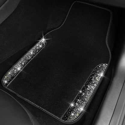 CAR PASS Bling Diamond Car Floor Mats, Shining Rhinestone Carpet Sparkly Glitter Crystal with Anti-Slip PVC Heel Pad Waterproof Universal Fit Automotive SUV,Sedan,Van,Cute Girl Women,4pcs Black Sliver