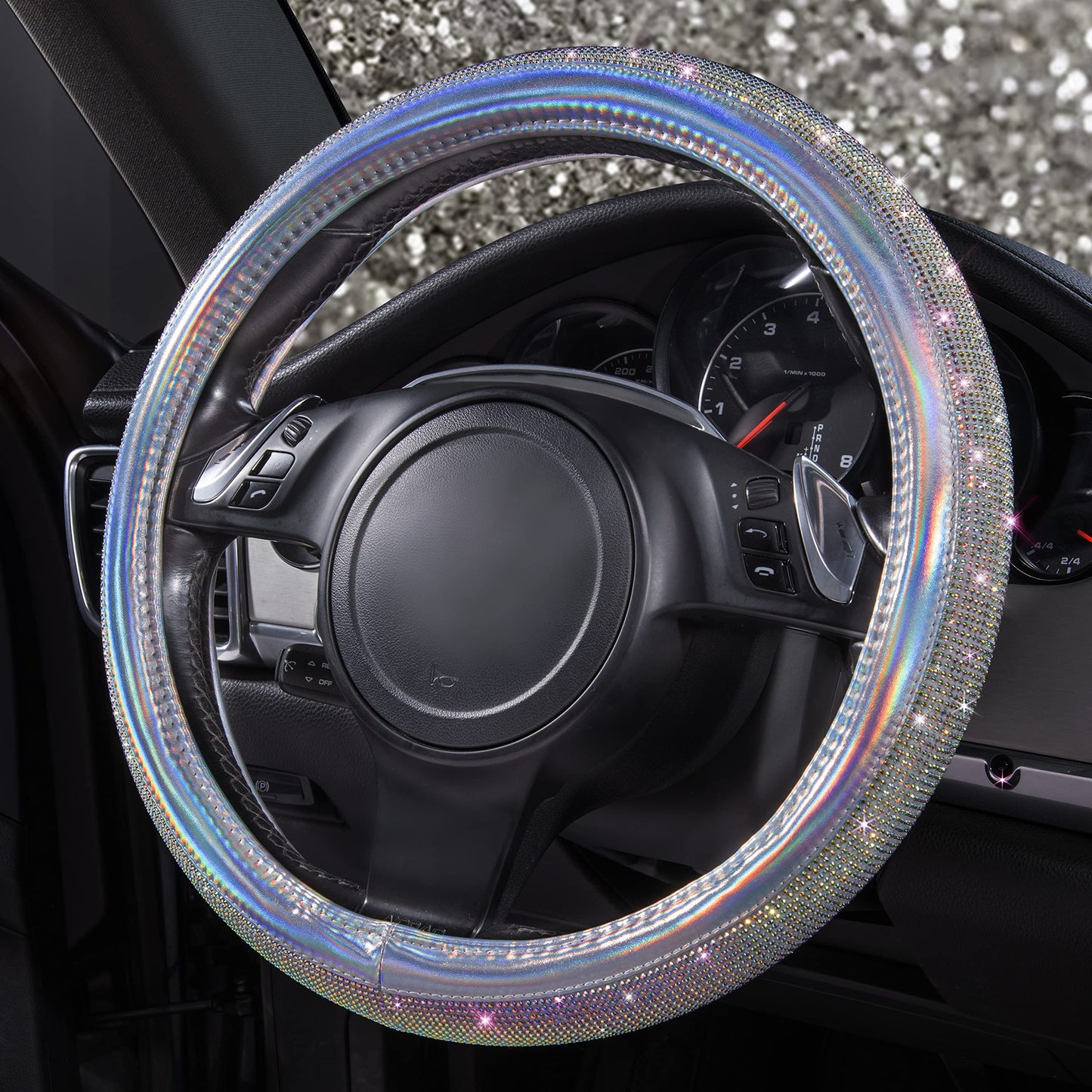 CAR PASS Bling Diamond Leather Steering Wheel Cover, With Sparkly Crystal Glitter Rhinestones Universal Fit 14"1/2-15" Car Wheel Protector for Women Girl Fit Suvs,Vans,Sedans,Car,Trucks, Black Diamond