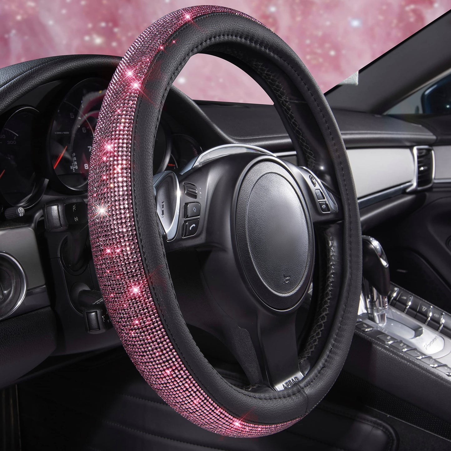 CAR PASS Bling Diamond Leather Steering Wheel Cover, With Sparkly Crystal Glitter Rhinestones Universal Fit 14"1/2-15" Car Wheel Protector for Women Girl Fit Suvs,Vans,Sedans,Car,Trucks, Black Diamond