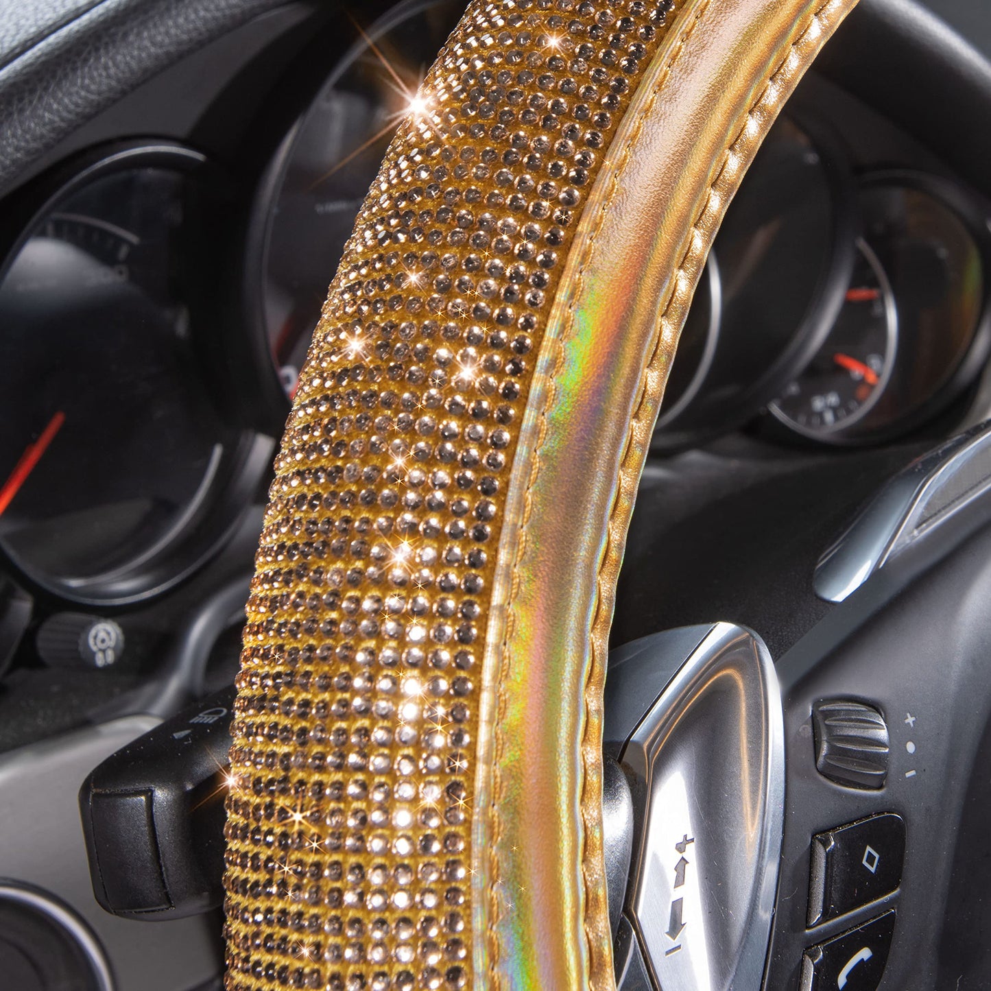 CAR PASS Bling Diamond Leather Steering Wheel Cover, With Sparkly Crystal Glitter Rhinestones Universal Fit 14"1/2-15" Car Wheel Protector for Women Girl Fit Suvs,Vans,Sedans,Car,Trucks, Black Diamond