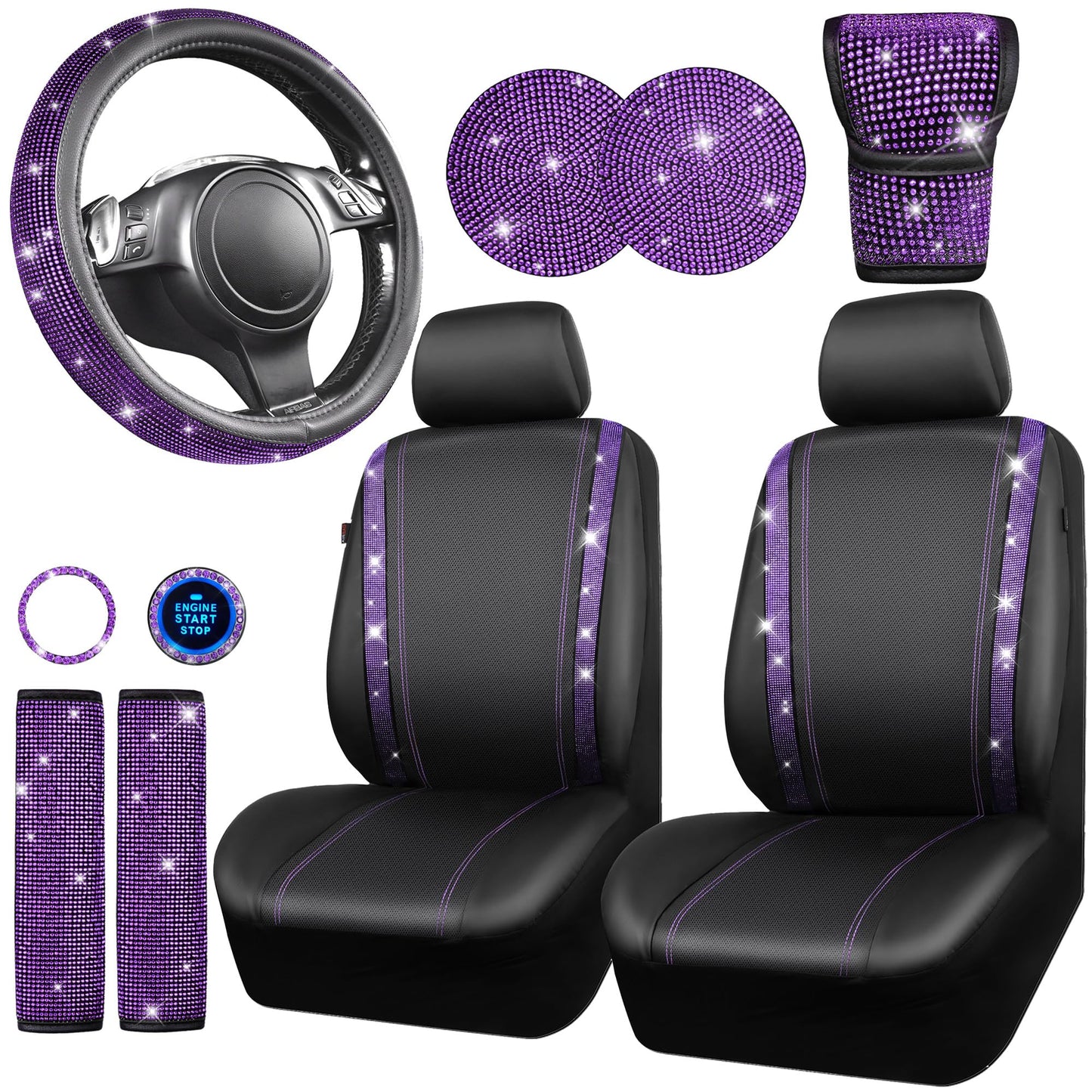 CAR PASS 7 PCS Bling Car Accessories for Women, Sparkly Rhinestone Diamond Steering Wheel Cover, Bling Seat Belt Cushion, Glitter Shift Knob Cover, Car Cup Holder Coaster, Cute Interior Sets Silver