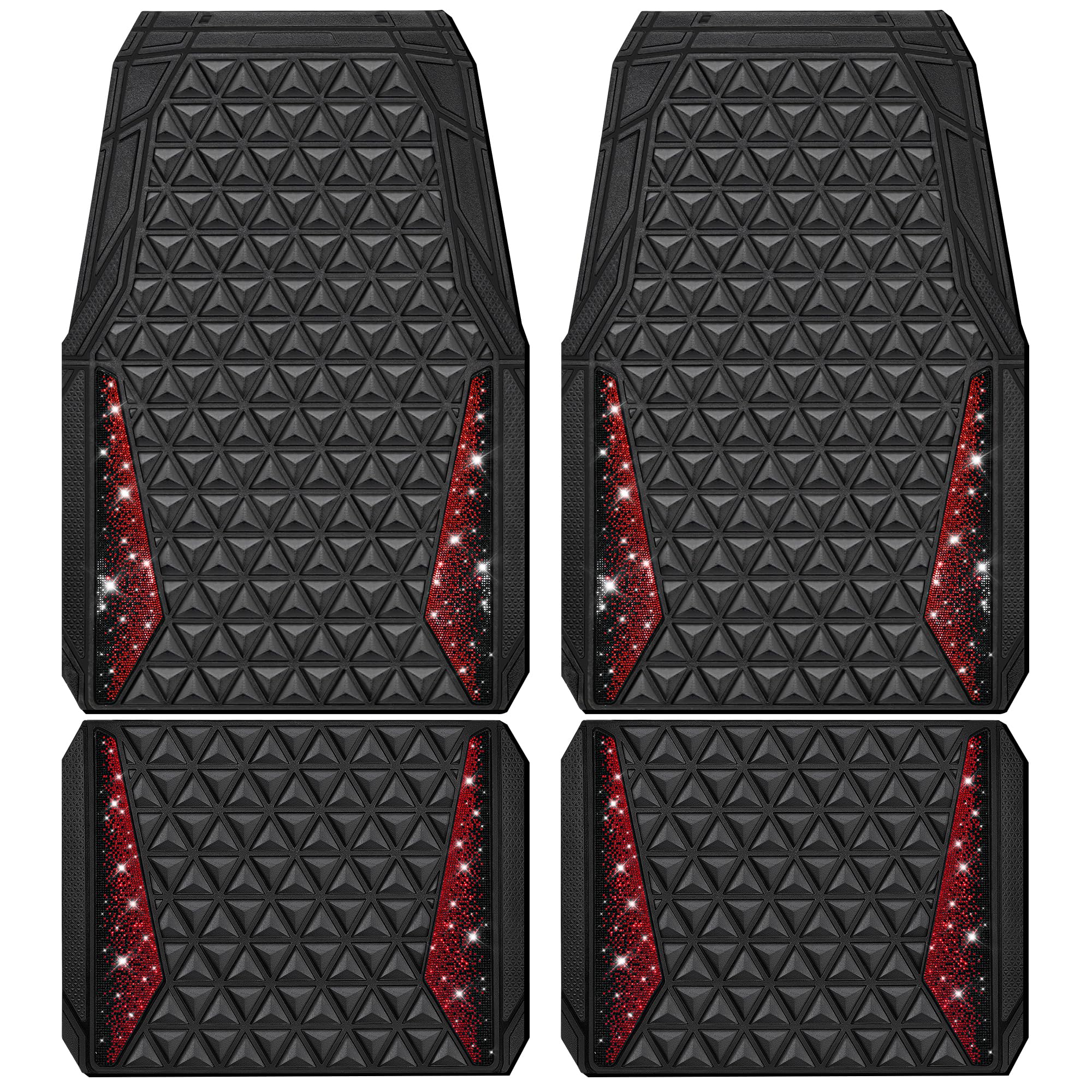 CAR PASS Bling Car Mats Diamond Rubber Floor Mats Full Set Anti-Slip 3D Rhombus Waterproof Trim to Fit Liner Universal Glitter Crystal Sparkly Shining Rhinestone Girl Women SUV Sedan Van, Black Silver