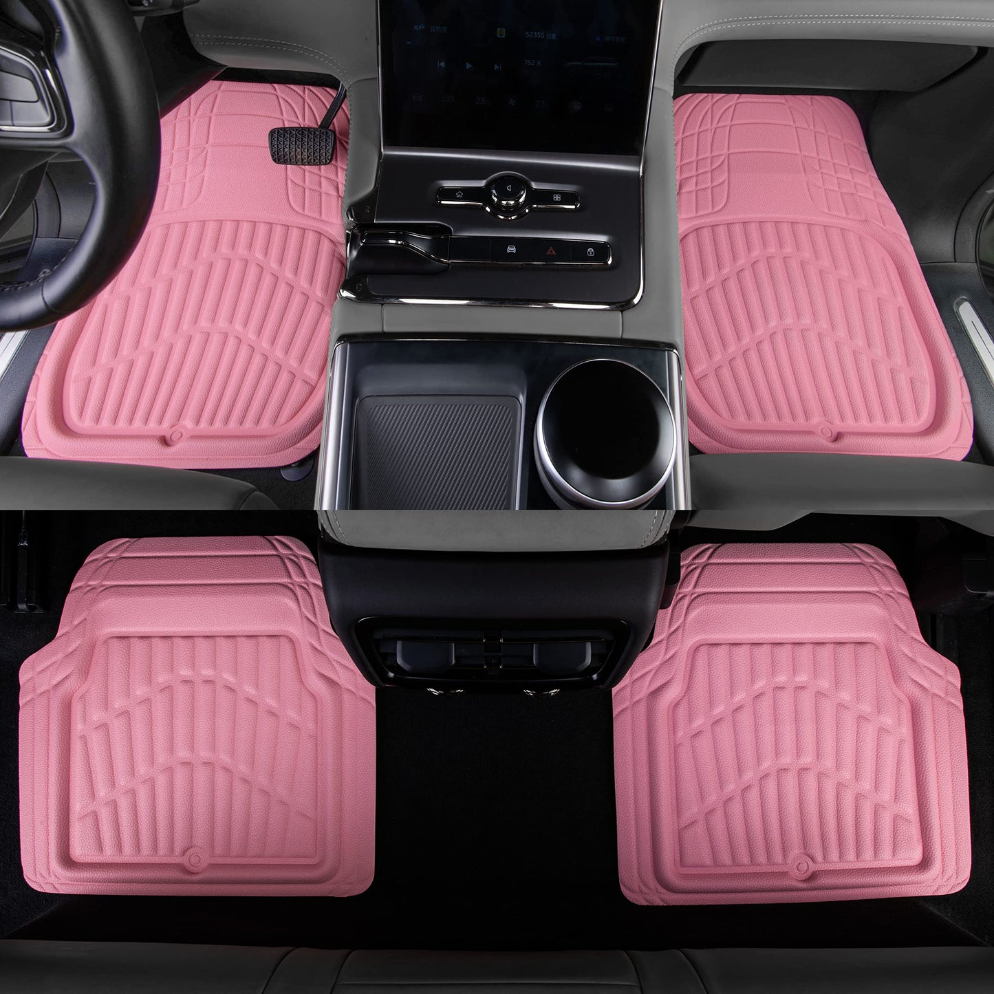 CAR PASS 4 Piece Leather Car Floor Mats -3D Cute Girly Waterproof All Weather Car Mat Full Set, Universal Trim to Fit &amp; Anti-Slip Burr Bottom &amp; Light Easy Clean for SUV Truck Auto Sedan Van(Pink)