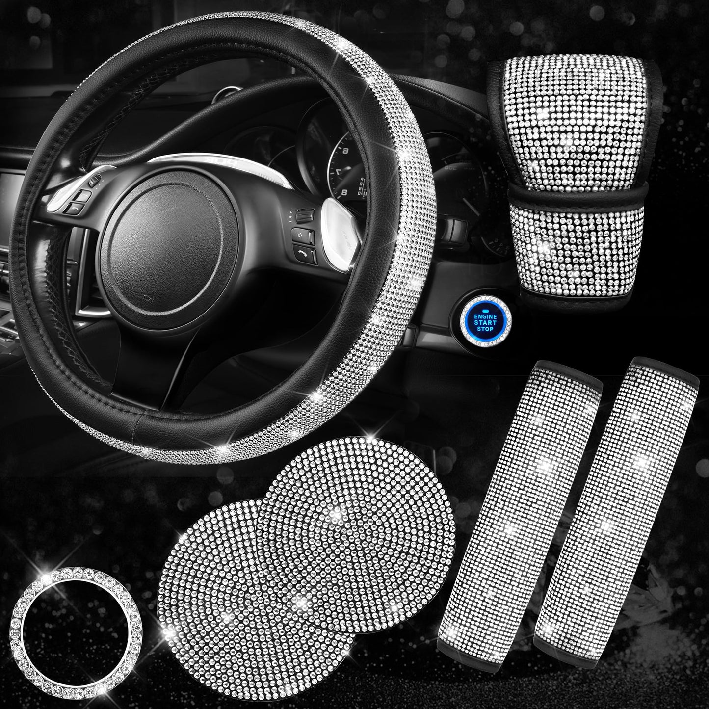 CAR PASS 7 PCS Bling Car Accessories for Women, Sparkly Rhinestone Diamond Steering Wheel Cover, Bling Seat Belt Cushion, Glitter Shift Knob Cover, Car Cup Holder Coaster, Cute Interior Sets Silver