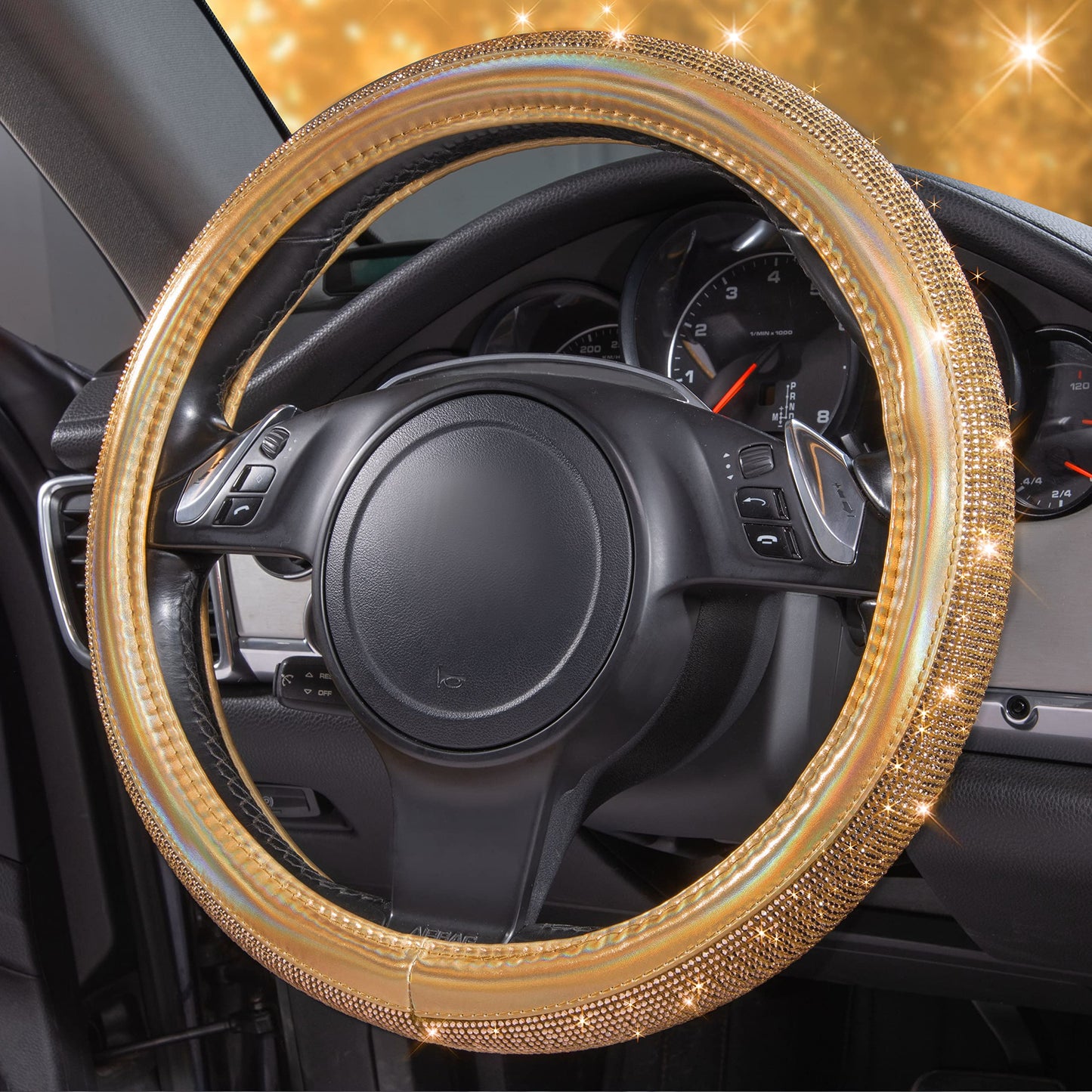 CAR PASS Bling Diamond Leather Steering Wheel Cover, With Sparkly Crystal Glitter Rhinestones Universal Fit 14"1/2-15" Car Wheel Protector for Women Girl Fit Suvs,Vans,Sedans,Car,Trucks, Black Diamond