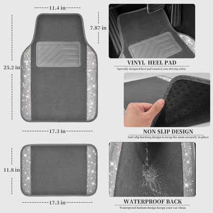 CAR PASS Bling Diamond Car Floor Mats, Shining Rhinestone Carpet Sparkly Glitter Crystal with Anti-Slip PVC Heel Pad Waterproof Universal Fit Automotive SUV,Sedan,Van,Cute Girl Women,4pcs Black Sliver