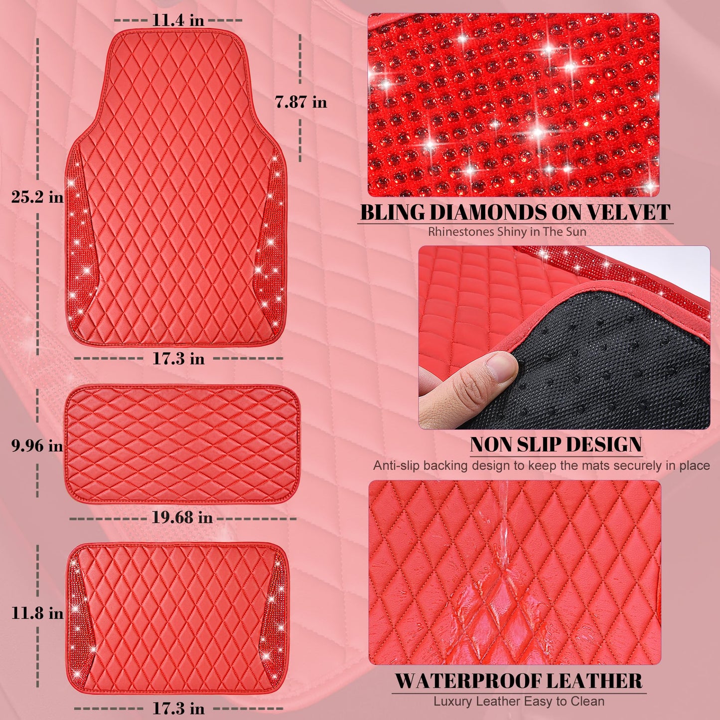 CAR PASS Bling Leather Car Mats Shining Diamond Floor Mats Sparkly Glitter Crystal Rhinestones Carpet Anti-Slip Waterproof Pad Universal Fit for Automotive SUV, Sedan, Van, 5pcs for Girl Women Black