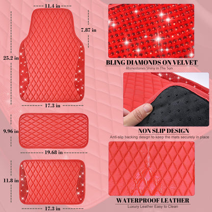 CAR PASS Bling Leather Car Mats Shining Diamond Floor Mats Sparkly Glitter Crystal Rhinestones Carpet Anti-Slip Waterproof Pad Universal Fit for Automotive SUV, Sedan, Van, 5pcs for Girl Women Black