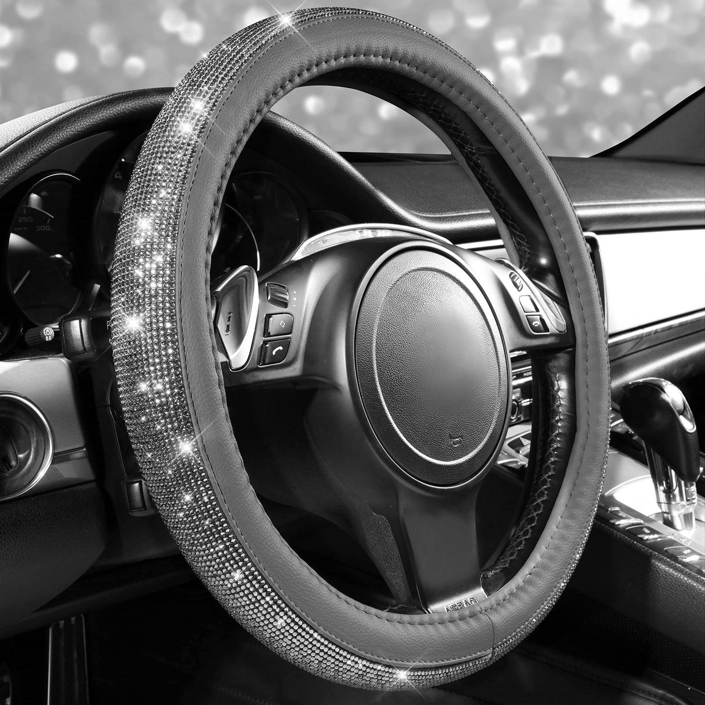 CAR PASS Bling Diamond Leather Steering Wheel Cover, With Sparkly Crystal Glitter Rhinestones Universal Fit 14"1/2-15" Car Wheel Protector for Women Girl Fit Suvs,Vans,Sedans,Car,Trucks, Black Diamond